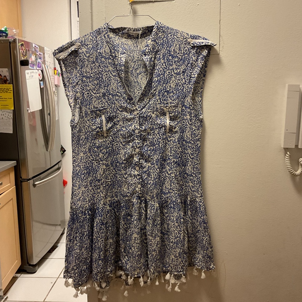 Poupette St Barths Blue and White Sleeveless Dress with Tassels